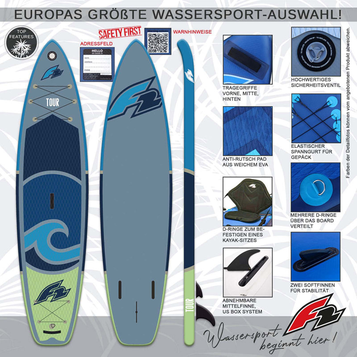 F2 SUP Stand Up Paddle Board Tour 11'5''/12'2"/13'2" wählbar Blau
