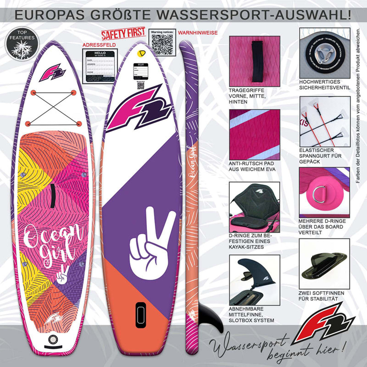 F2 Junior SUP Stand Up Paddle Board Ocean Girl 8'2''/9'2" wählbar Pink