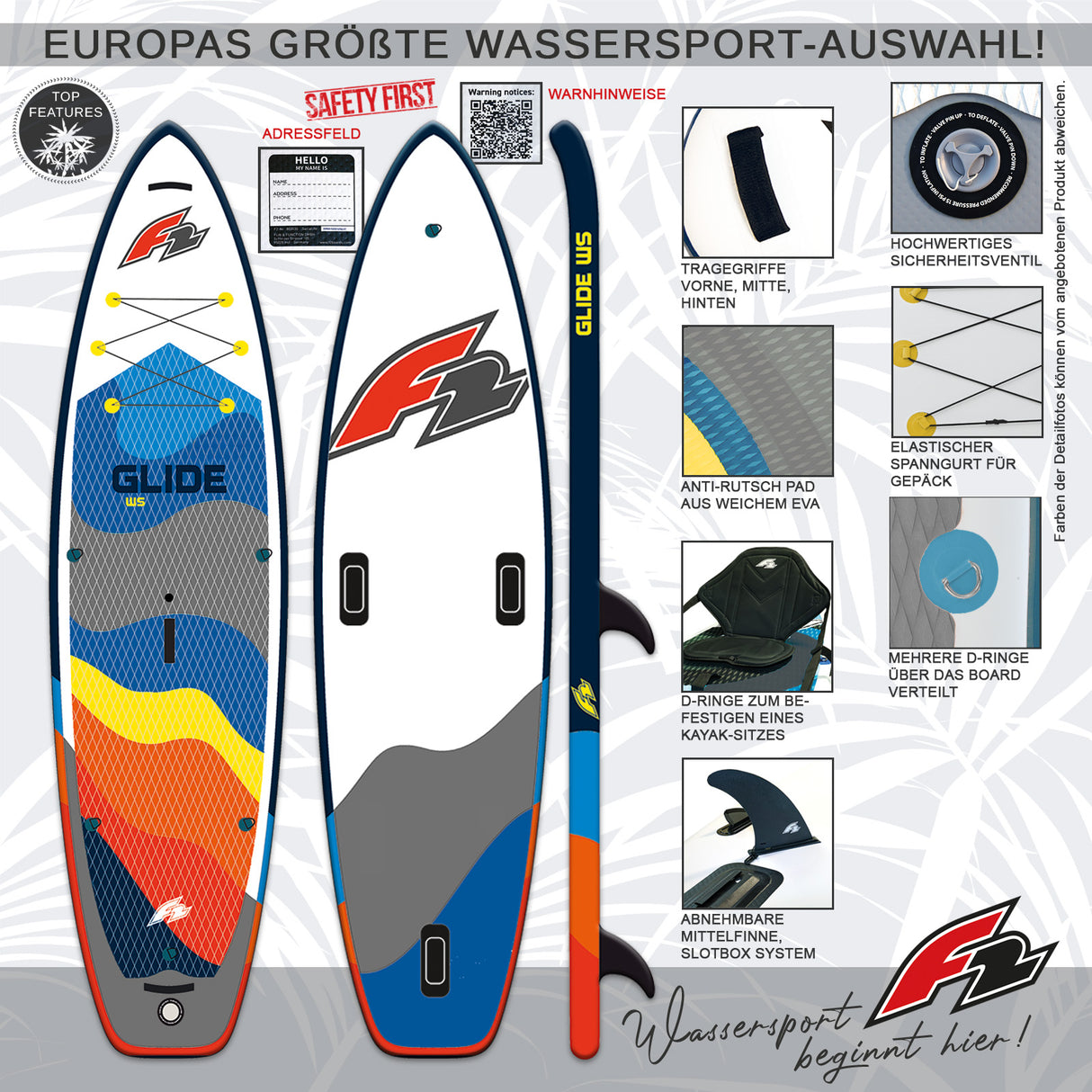 F2 SUP Stand Up Paddle Board Glide WS 10'2''/10'8"/11'7" wählbar Grau