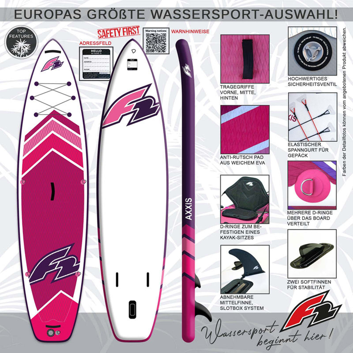 F2 Stand Up Paddle Board AXXIS - Damen SUP Größe wählbar Pink