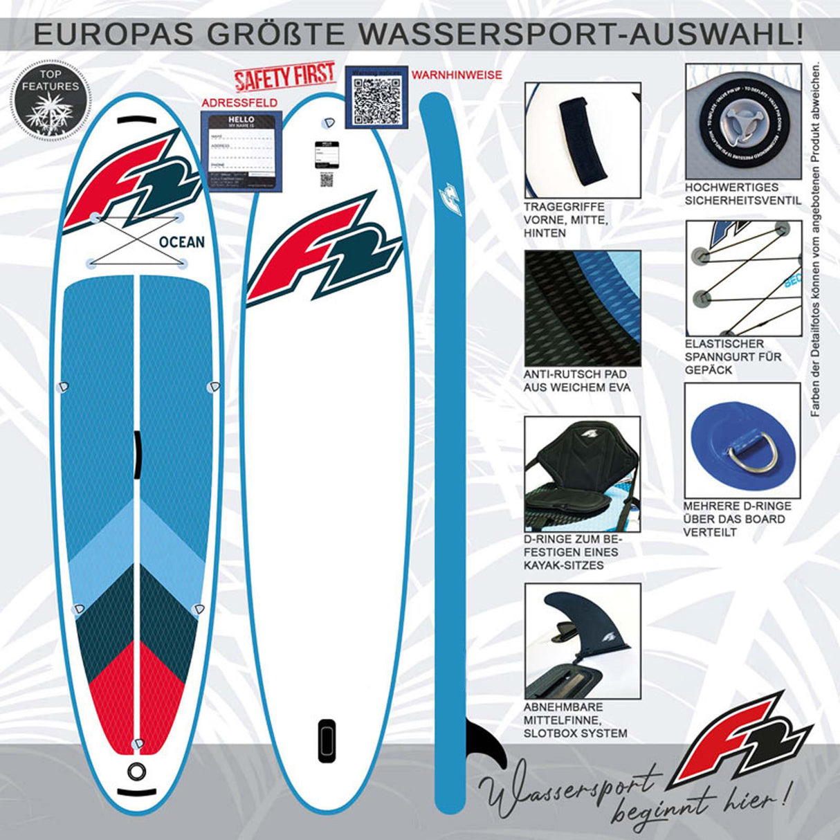 F2 Marken Stand Up Paddle Board Ocean Rot SUP 11'5 350cm + Kajak Zubehör Paket