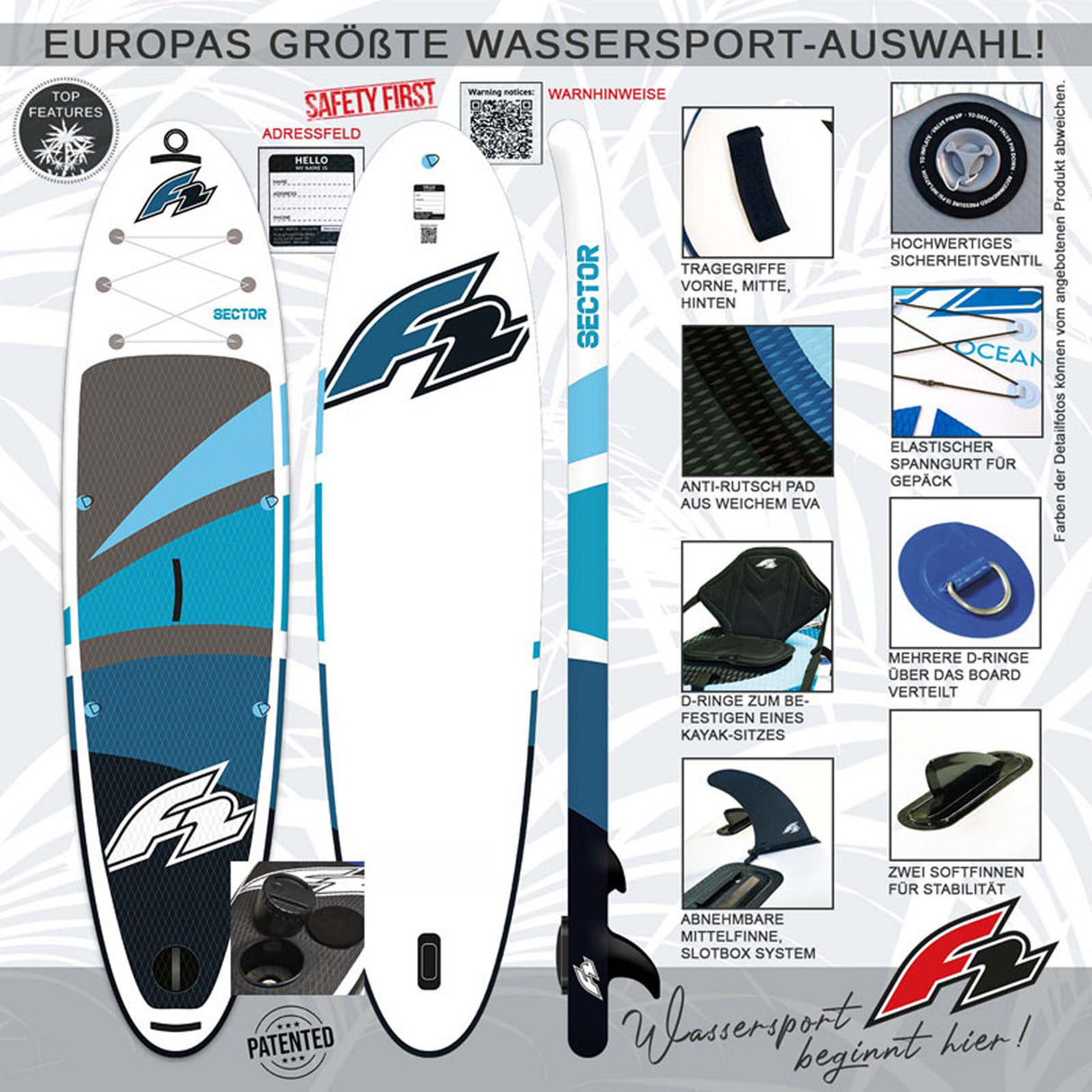 F2 Stand Up Paddle Board SECTOR SMART SUP mit E-Pumpe Größe wählbar Blau