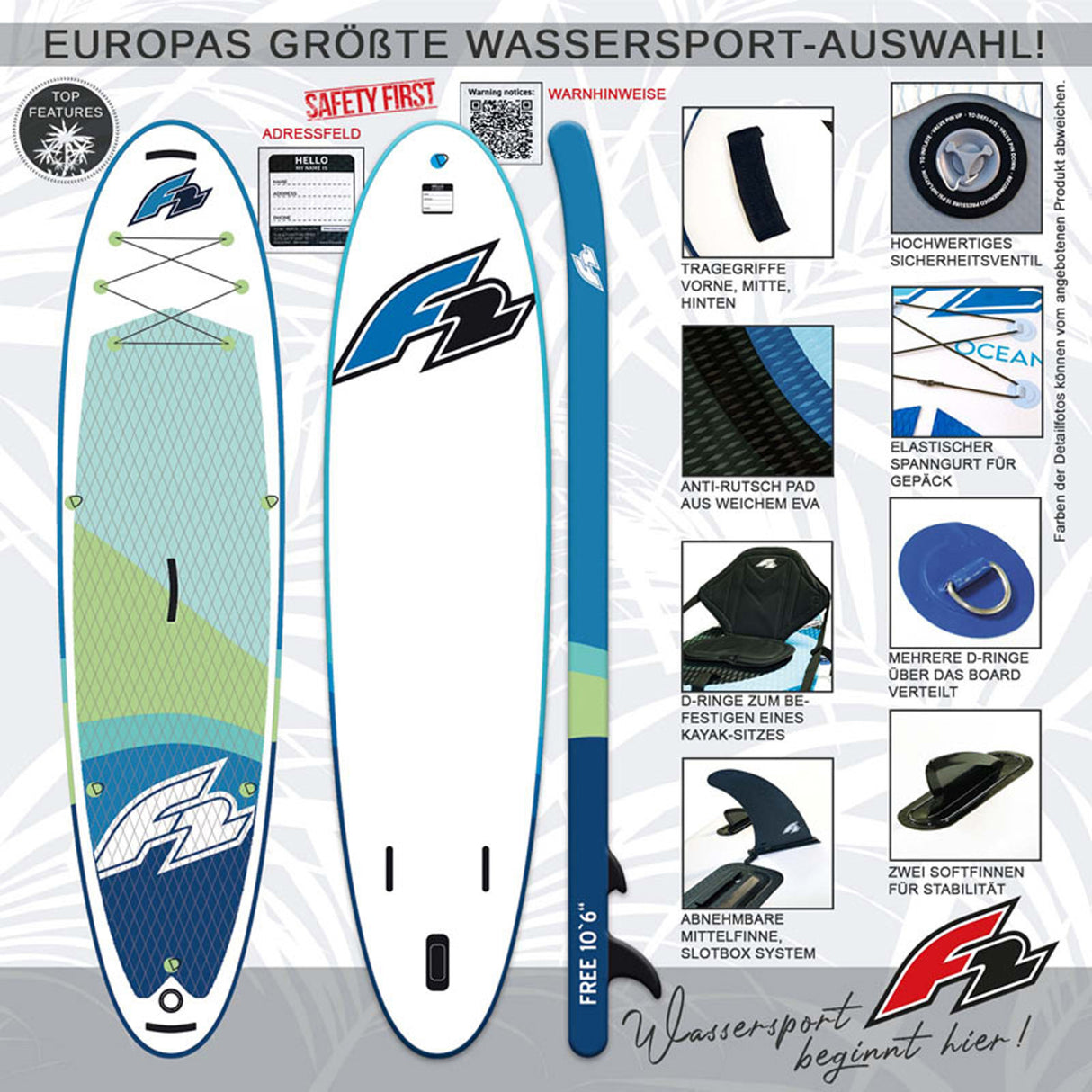 F2 Stand Up Paddle Board FREE - Round Sail - SET SUP Größe wählbar Aqua