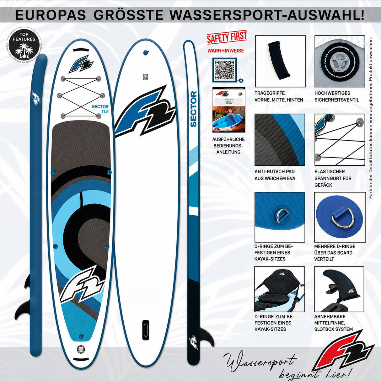 F2 Set Stand Up Paddle Board Sector SMU Blau 11,5 + Kajak Zubehör