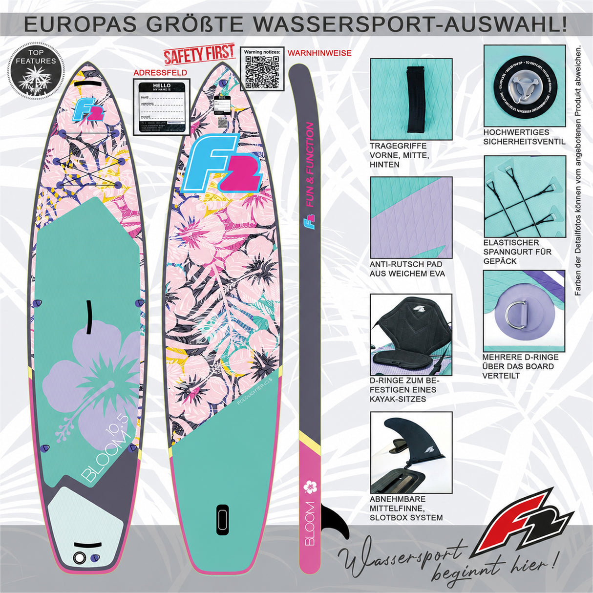 F2 SUP Stand Up Paddle Board Retro Bloom Hibiskus Damen-Größe wählbar