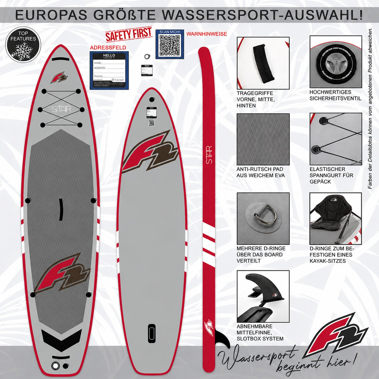F2 Set Stand Up Paddle Board Star Grau 11,5 + Kajak Zubehör Paket