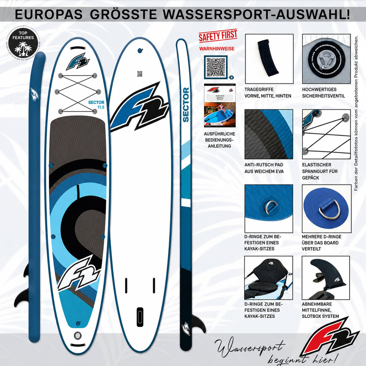 F2 SUP Stand Up Paddle Board Sector SMU Blau - Größe wählbar