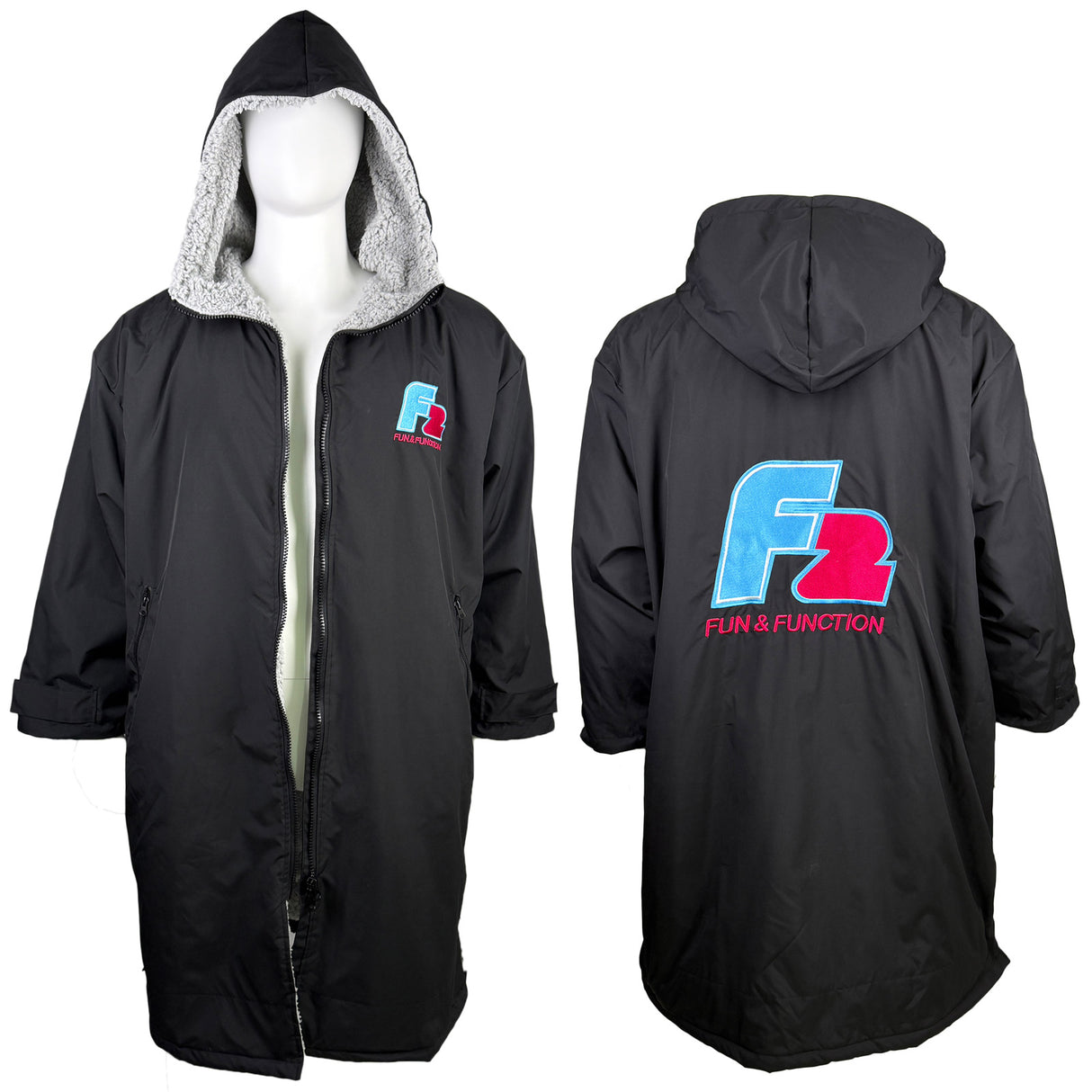 F2 Retro Surf Coat Unisex Poncho Jacke Schwarz - Größe wählbar