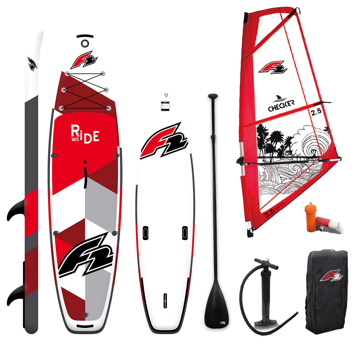 F2 Set Ride SUP 10'5" mit Windsurfsegel Checker Größen wählbar
