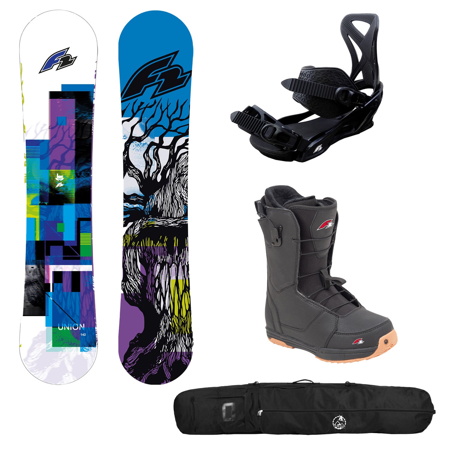 F2 Set Snowboard Union Blau mit Bindung Sonic Pro, Boots Air und Tasche Komplettset Größen wählbar
