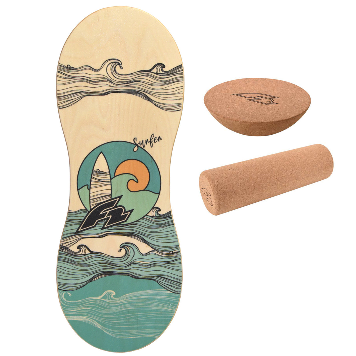 F2 Set Balance Board Peanut 86x32cm mit Halbkugel + Korkrolle