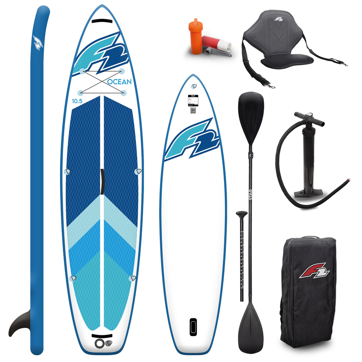 F2 Marken Stand Up Paddle Board Ocean Blau SUP 11'5 350cm + Kajak Zubehör Paket