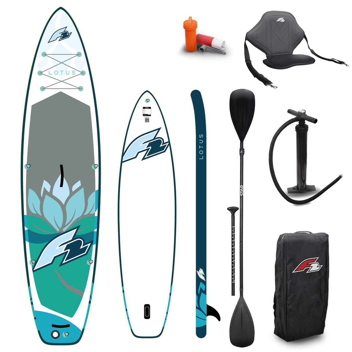 F2 Set Damen Stand Up Paddle Board Lotus Blau 10,2 + Kajak Zubehör Paket