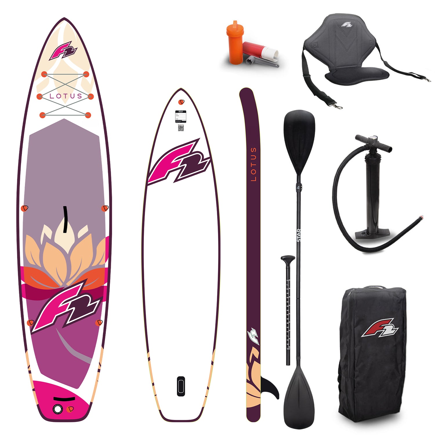 F2 Damen SUP Stand Up Paddle Board Lotus Lila - Komplettset Größen und Zubehör wählbar
