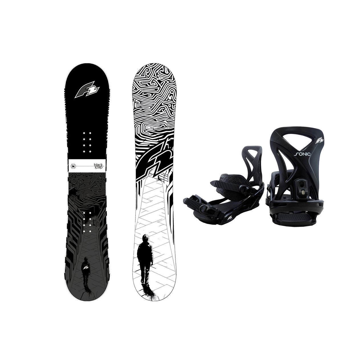 F2 Set Snowboard Blackdeck Schwarz/Weiss + Sonic Pro Bindung - Komplettset Größen wählbar