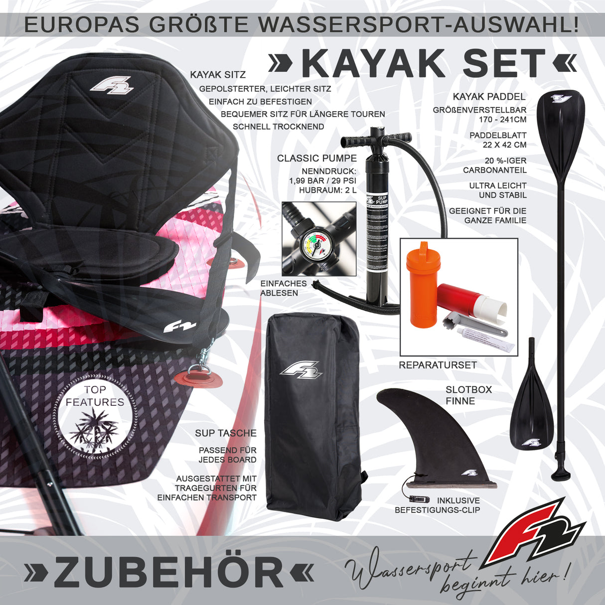 F2 Set Damen Stand Up Paddle Board Impact Pink 11,0 + Kajak Zubehör