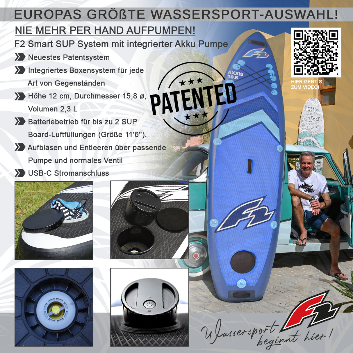 F2 Stand Up Paddle Board AXXIS SMART SUP mit E-Pumpe Größe wählbar Navy