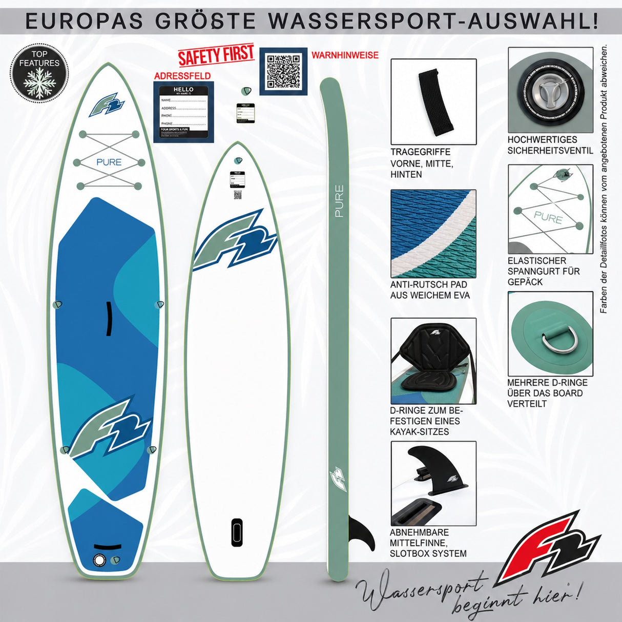 F2 Set Stand Up Paddle Board Pure Weiss 10,6 + Basic Zubehör Paket