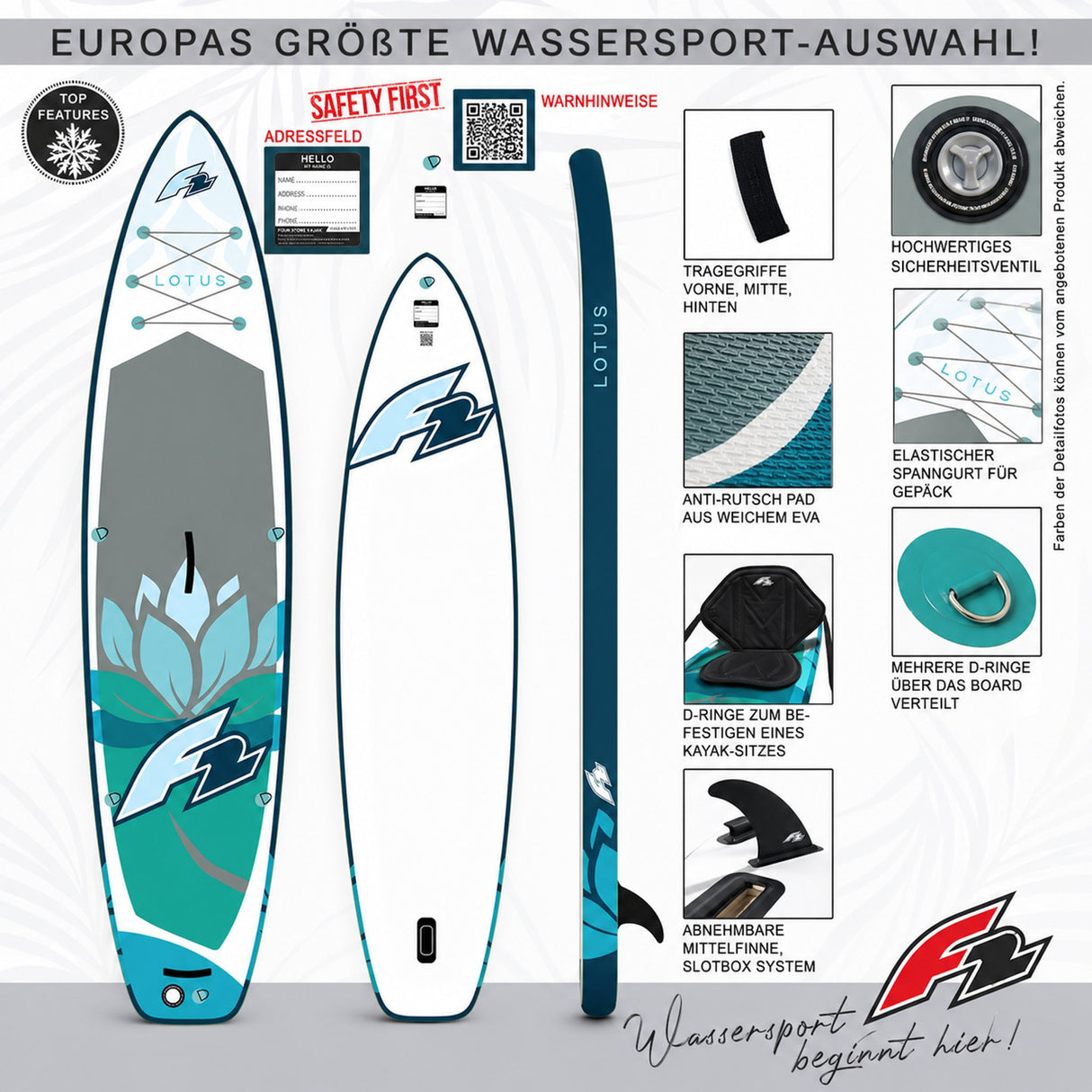 F2 Set Damen Stand Up Paddle Board Lotus Blau 10,2 + Kajak Zubehör Paket