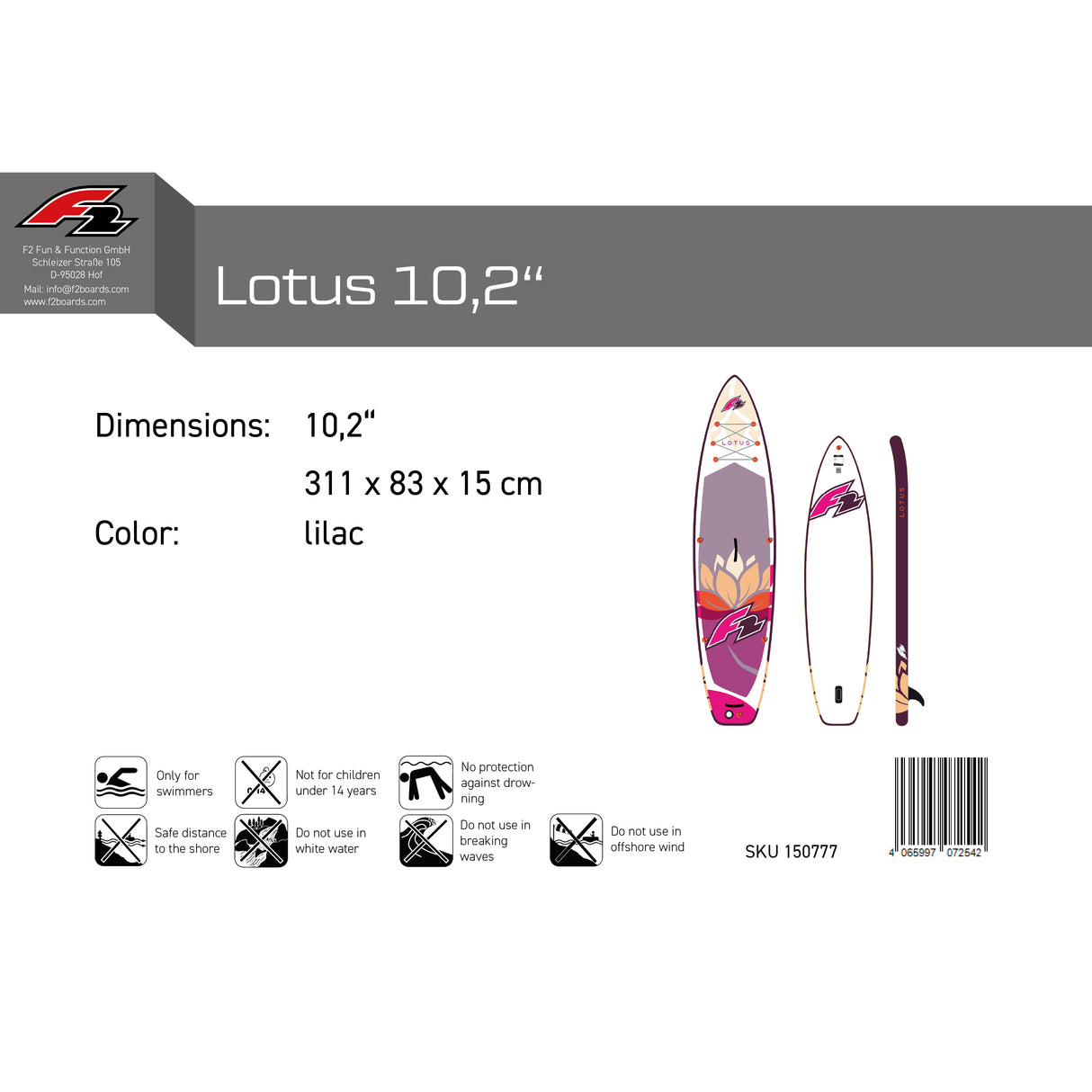 F2 Damen SUP Stand Up Paddle Board Lotus Lila - Komplettset Größen und Zubehör wählbar