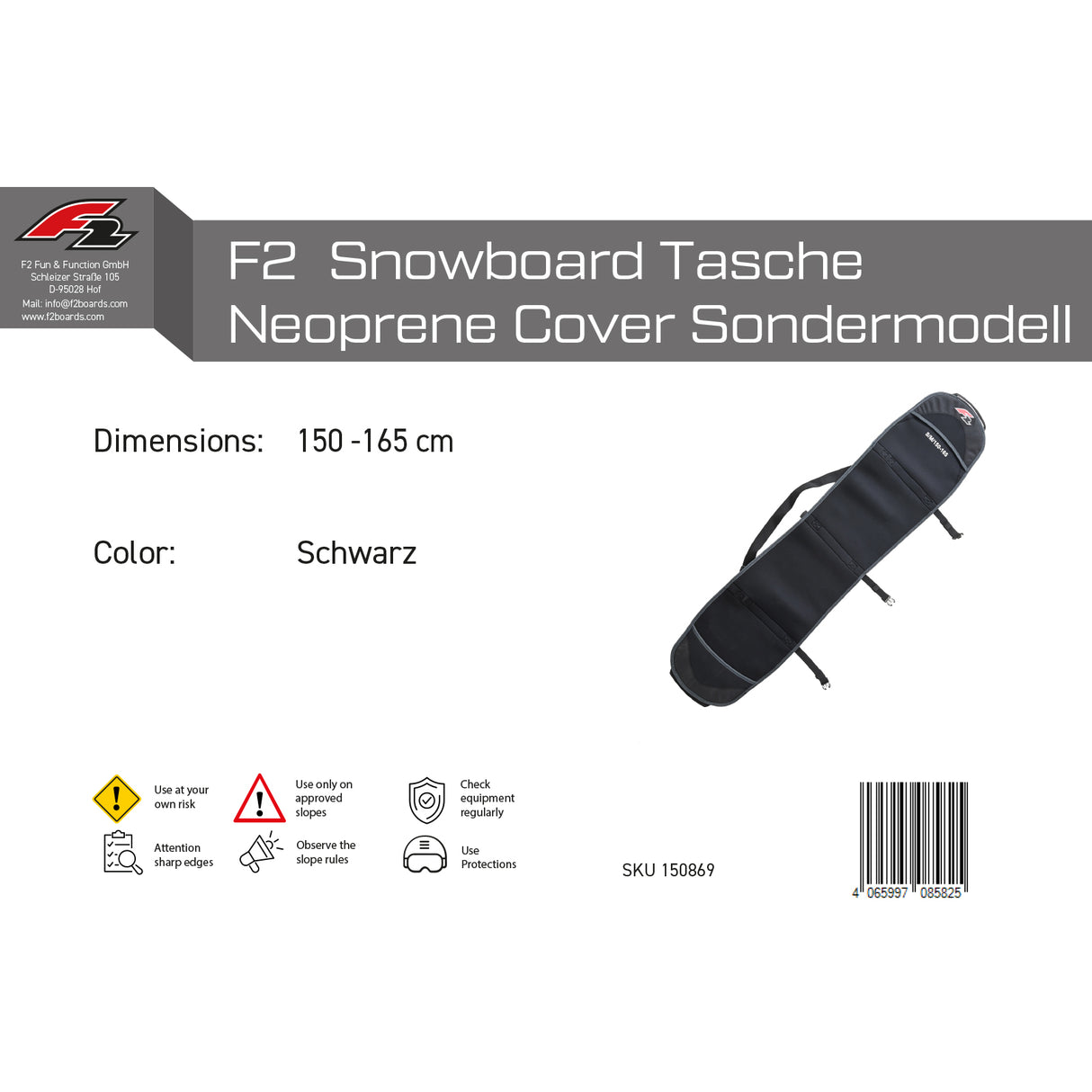 F2  Snowboard Tasche Neopren Cover S/M Sondermodell 150-165cm Schwarz