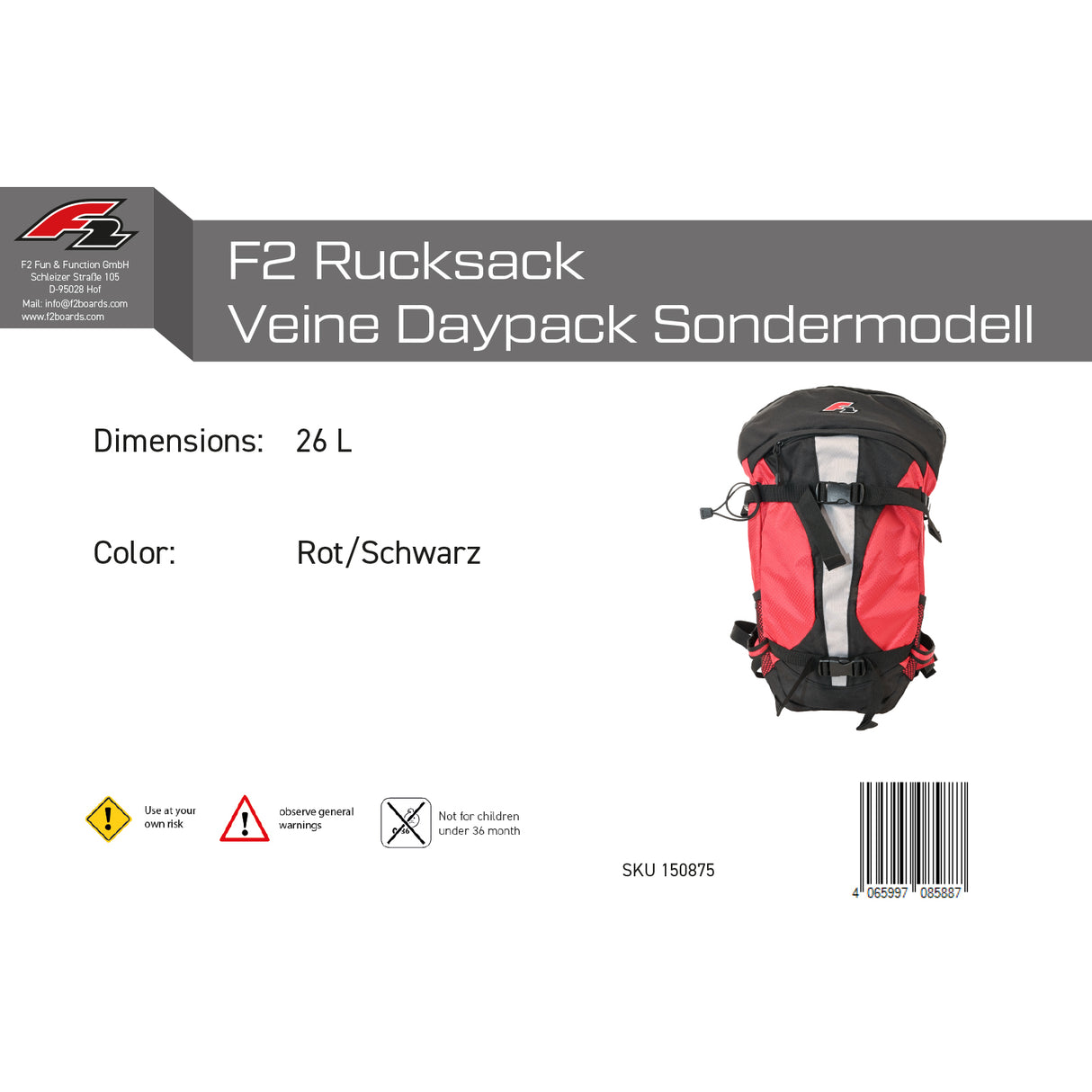 F2  Rucksack Veine Daypack Sondermodell 24L Rot/Schwarz