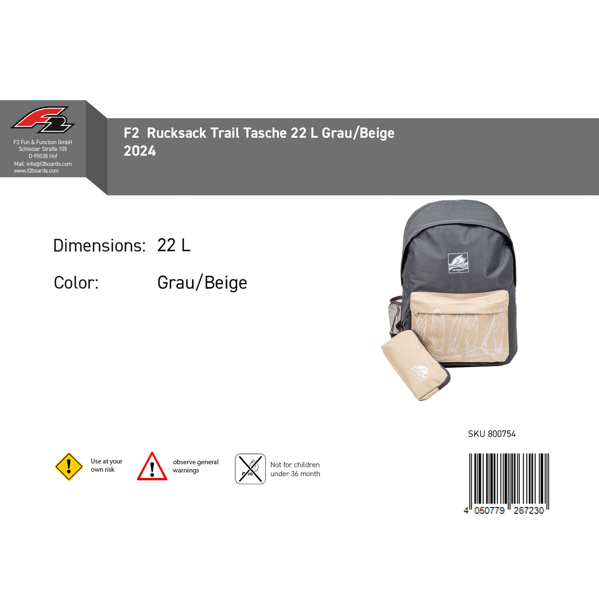 F2  Rucksack Trail Tasche 22 L Grau/Beige 2024