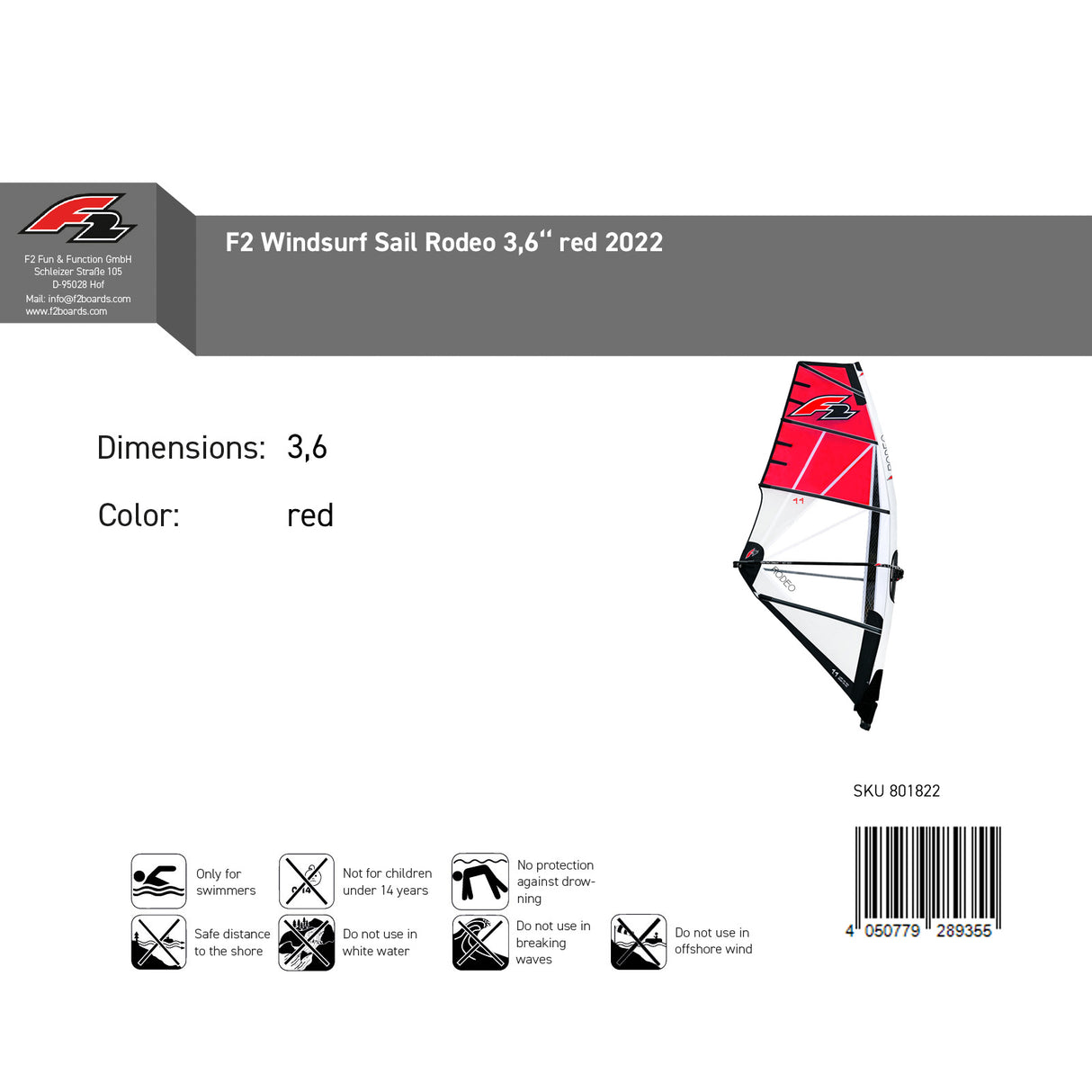 F2  Sale Windsurf Segel Rodeo  3,6qm Rot Modell 2022 NEU Sail Only