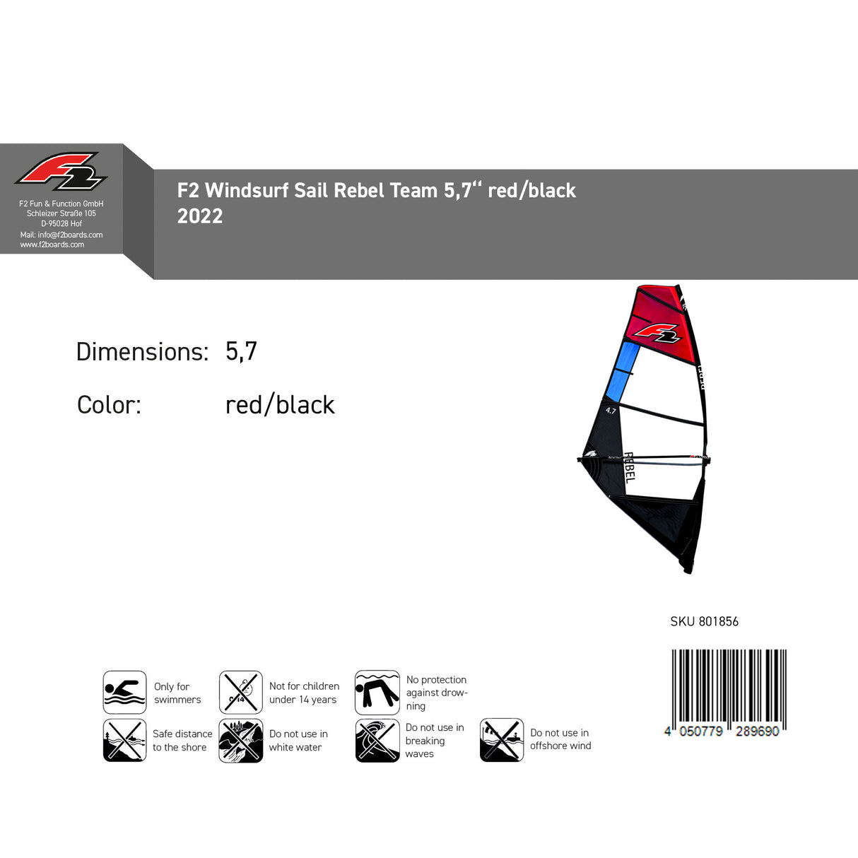 F2  Sale Windsurf Segel Rebel Team  5,7qm Rot/Schwarz Modell 2022 NEU Sail Only