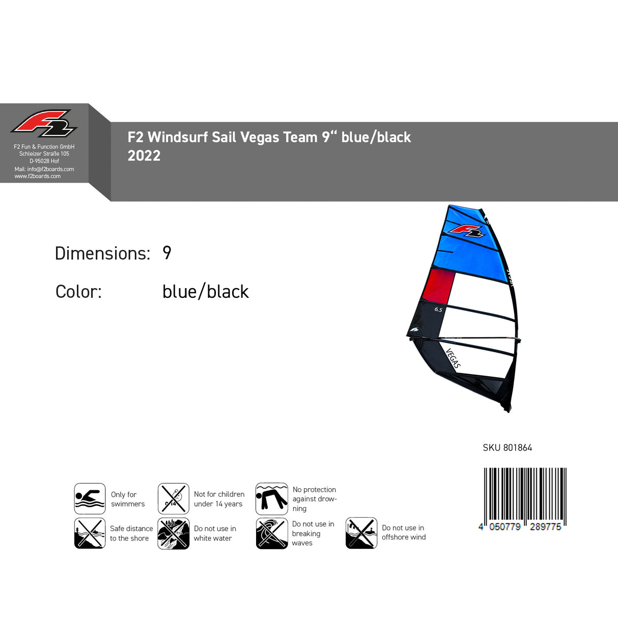 F2  Sale Windsurf Segel Vegas Team  9qm Blau/Schwarz Modell 2022 NEU Sail Only