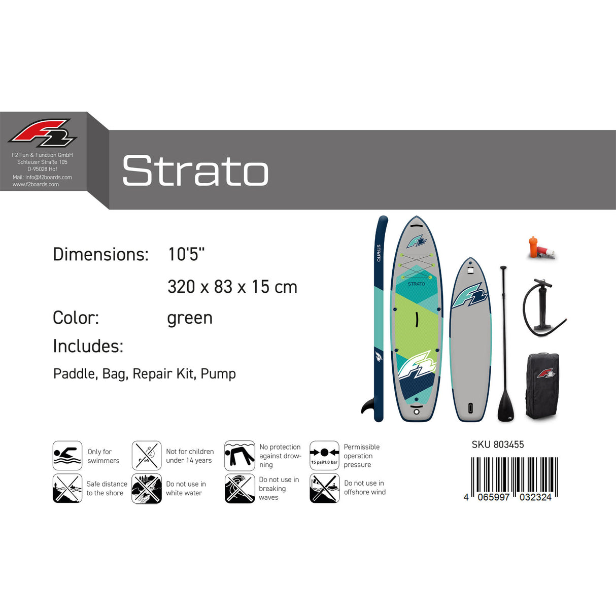 F2 SUP Stand Up Paddle Board Strato 10'0''/10'5"/11'5"/12'5'' wählbar Grün 2024