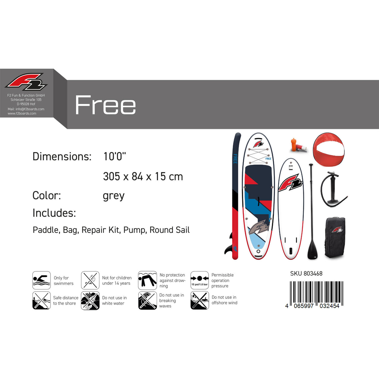 F2 SUP Stand Up Paddle Board Free Round Sail Größe wählbar Grau
