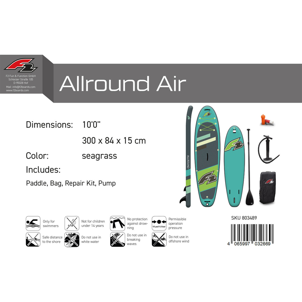 F2 SUP Stand Up Paddle Board Allround Air Größe wählbar Grün 2024/25