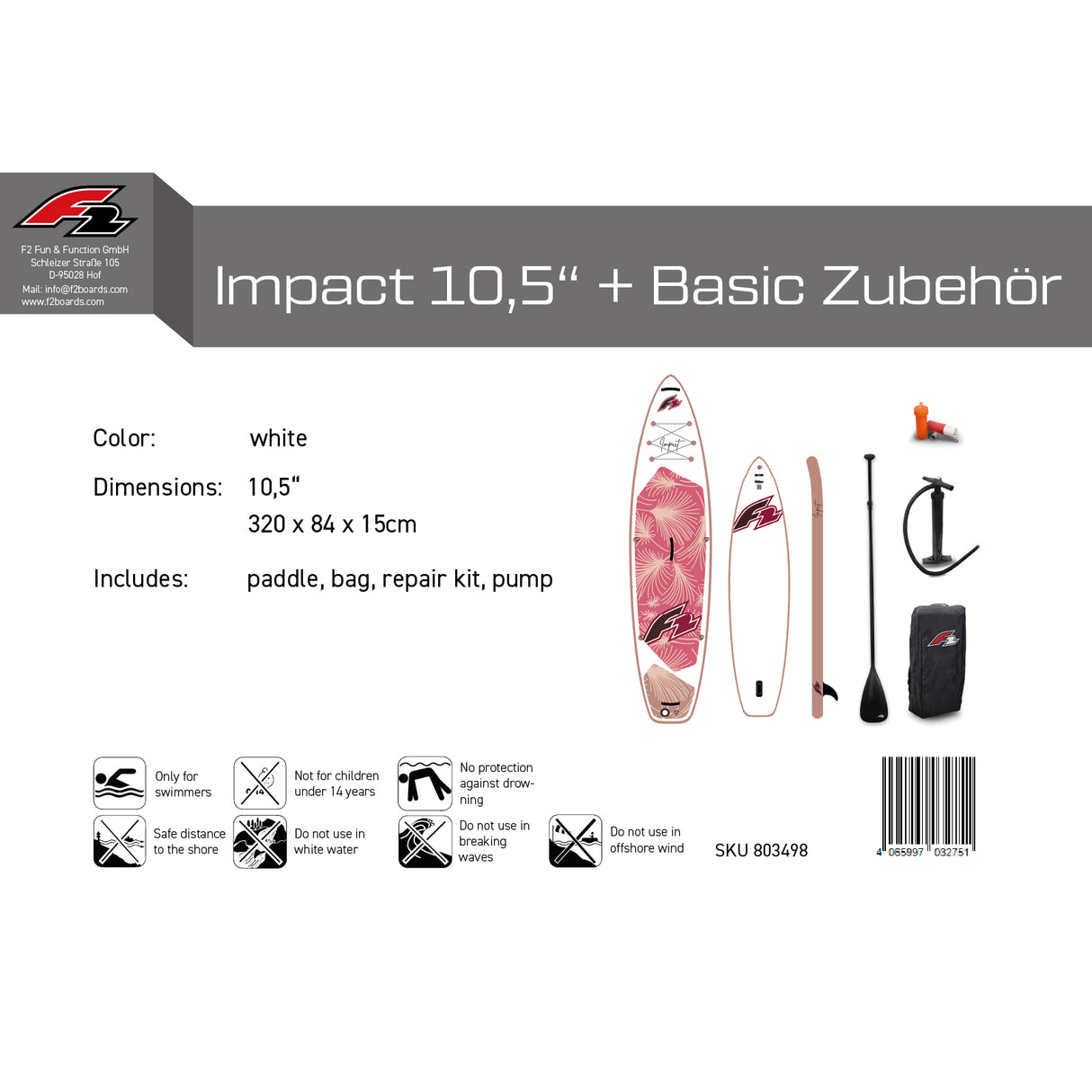 F2 Damen SUP Stand Up Paddle Board Impact Weiss - Größe wählbar