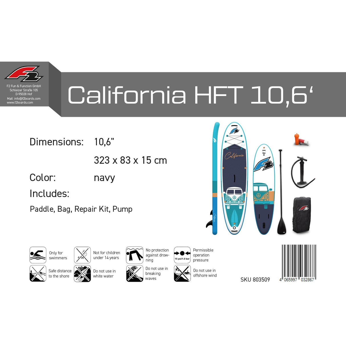 F2 SUP Stand Up Paddle Board California HFT 10'6''/11'6" wählbar Navy