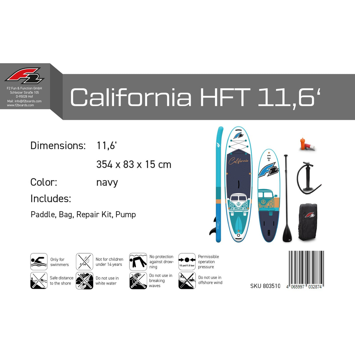 F2 SUP Stand Up Paddle Board California HFT 10'6''/11'6" wählbar Navy