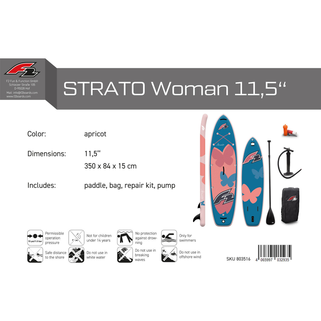 F2 Damen SUP Stand Up Paddle Board Strato Ltd. Edition Größe wählen Apricot 2025