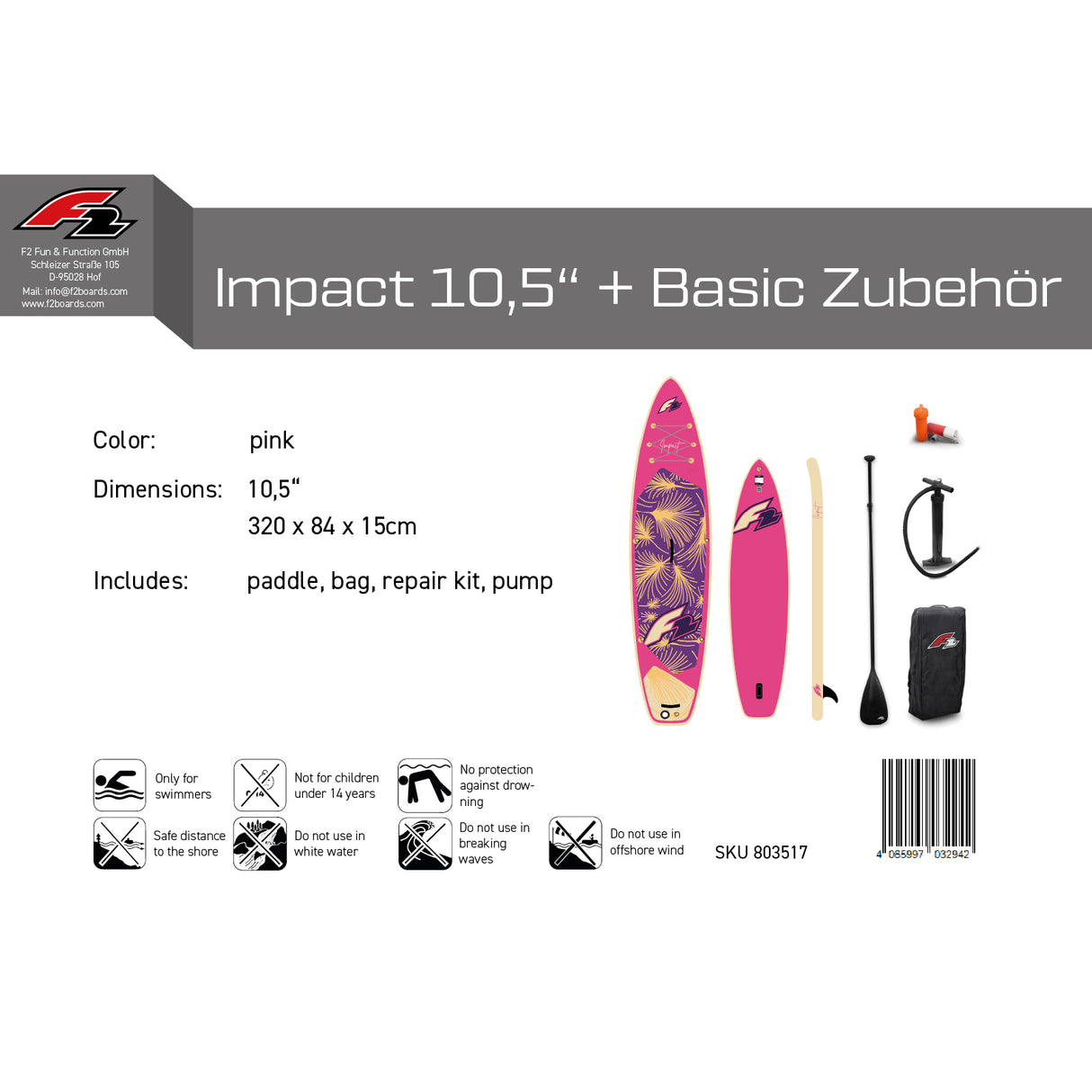F2 Damen SUP Stand Up Paddle Board Impact Pink - Größe wählbar