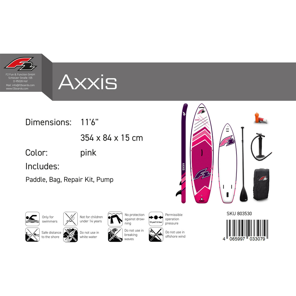 F2 Damen SUP Stand Up Paddle Board Axxis  10'5''/11'6"/12'2" wählbar Pink
