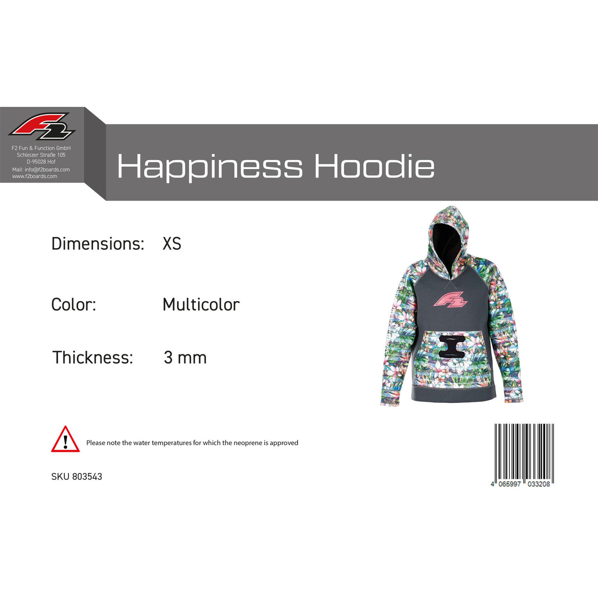F2 Damen Neopren Oberteil Happiness Hoodie 3 mm Größe wählbar Multicolor 2024/25