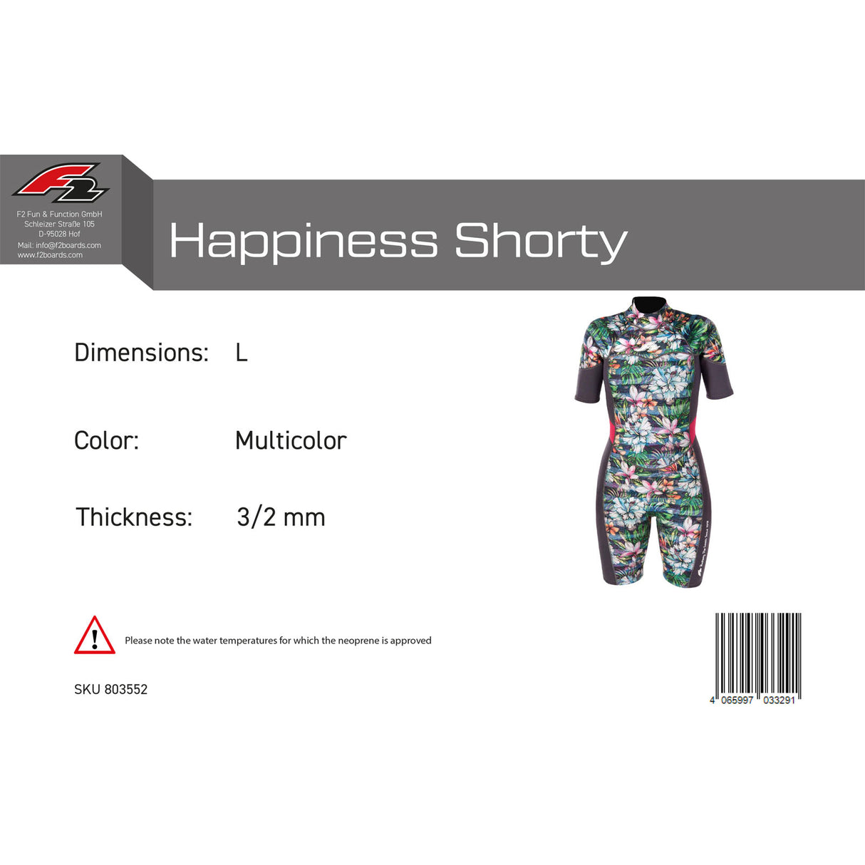 F2 Damen Neopren Anzug Happiness Shorty 3/2 mm Größe wählbar Multicolor 2024/25