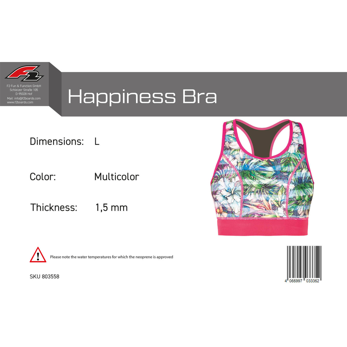 F2 Damen Neopren Oberteil Happiness Bra 1,5 mm Größe wählbar Multicolor 2024/25