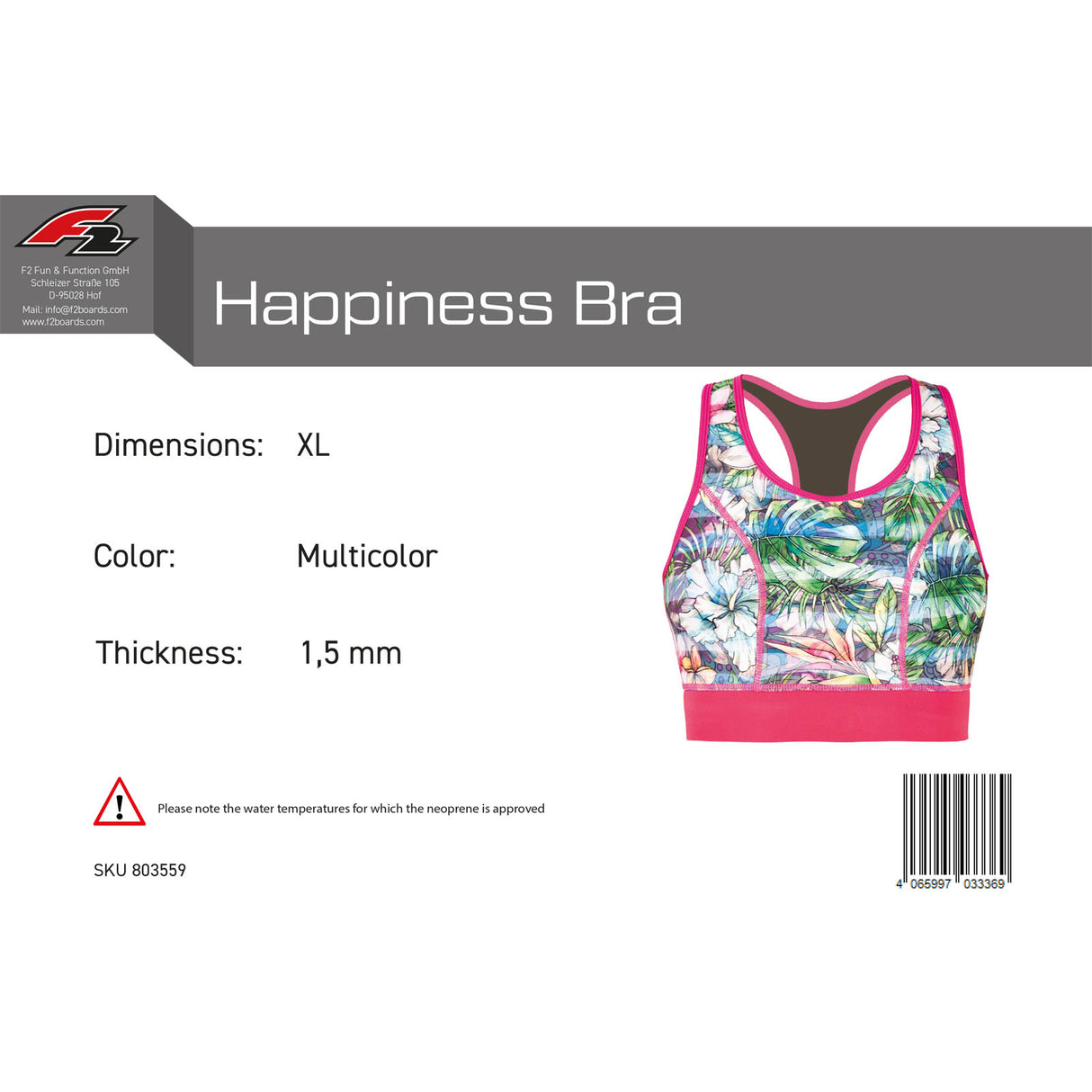 F2 Damen Neopren Oberteil Happiness Bra 1,5 mm Größe wählbar Multicolor 2024/25