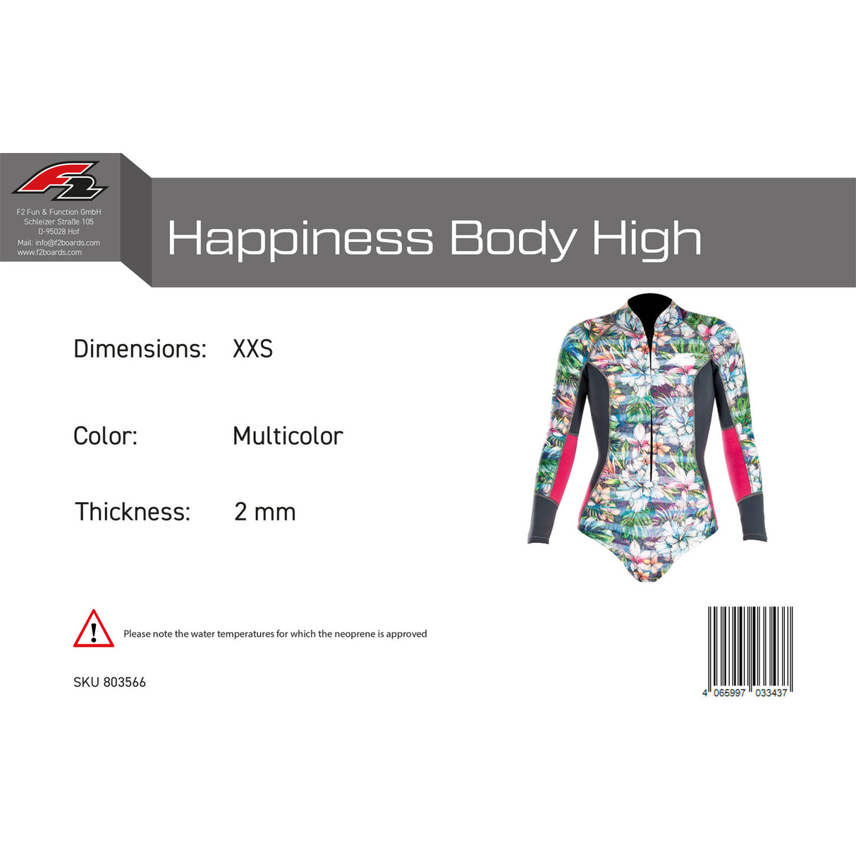 F2 Damen Neopren Anzug Happiness Body High 2 mm Größe wählbar Multicolor 2024/25
