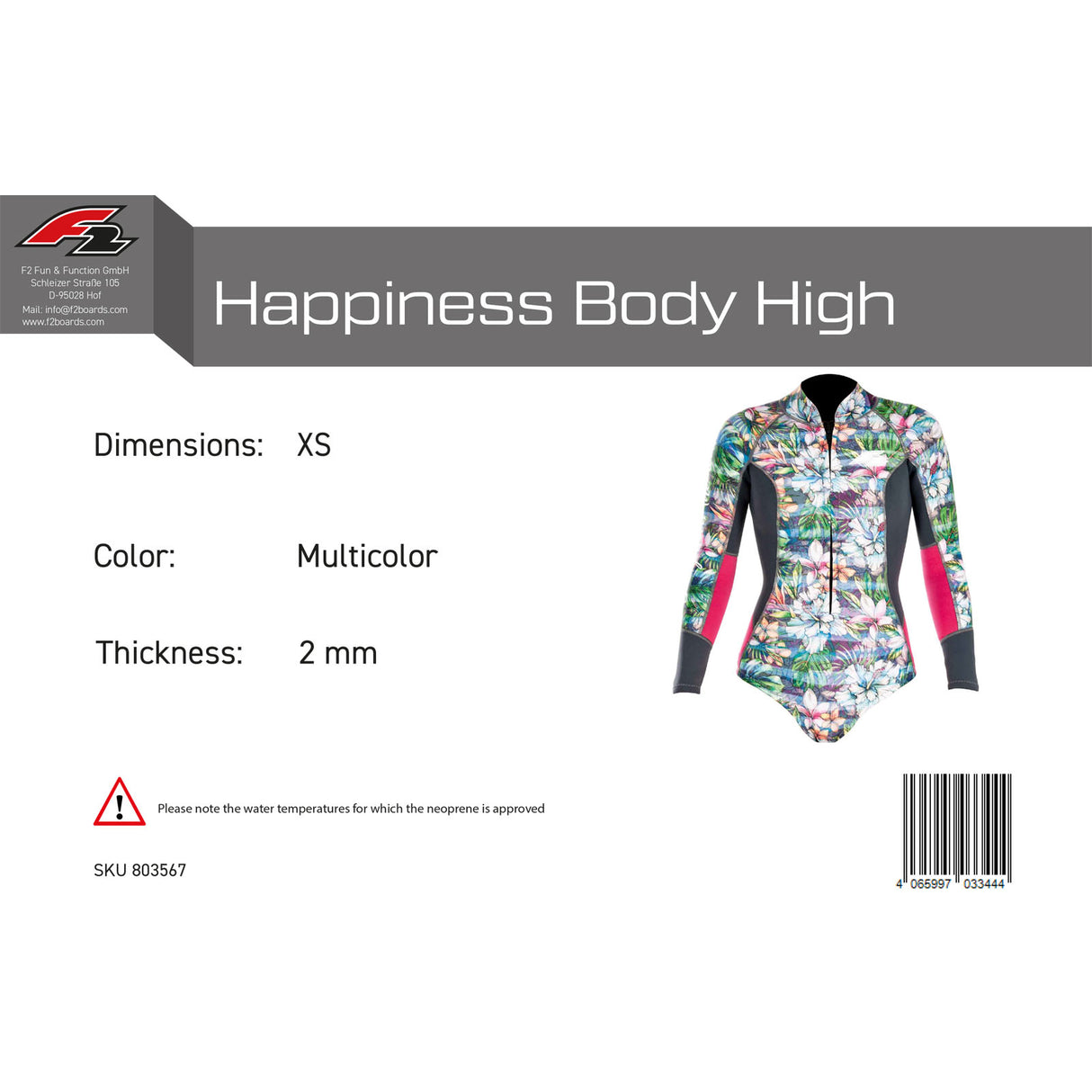F2 Damen Neopren Anzug Happiness Body High 2 mm Größe wählbar Multicolor 2024/25