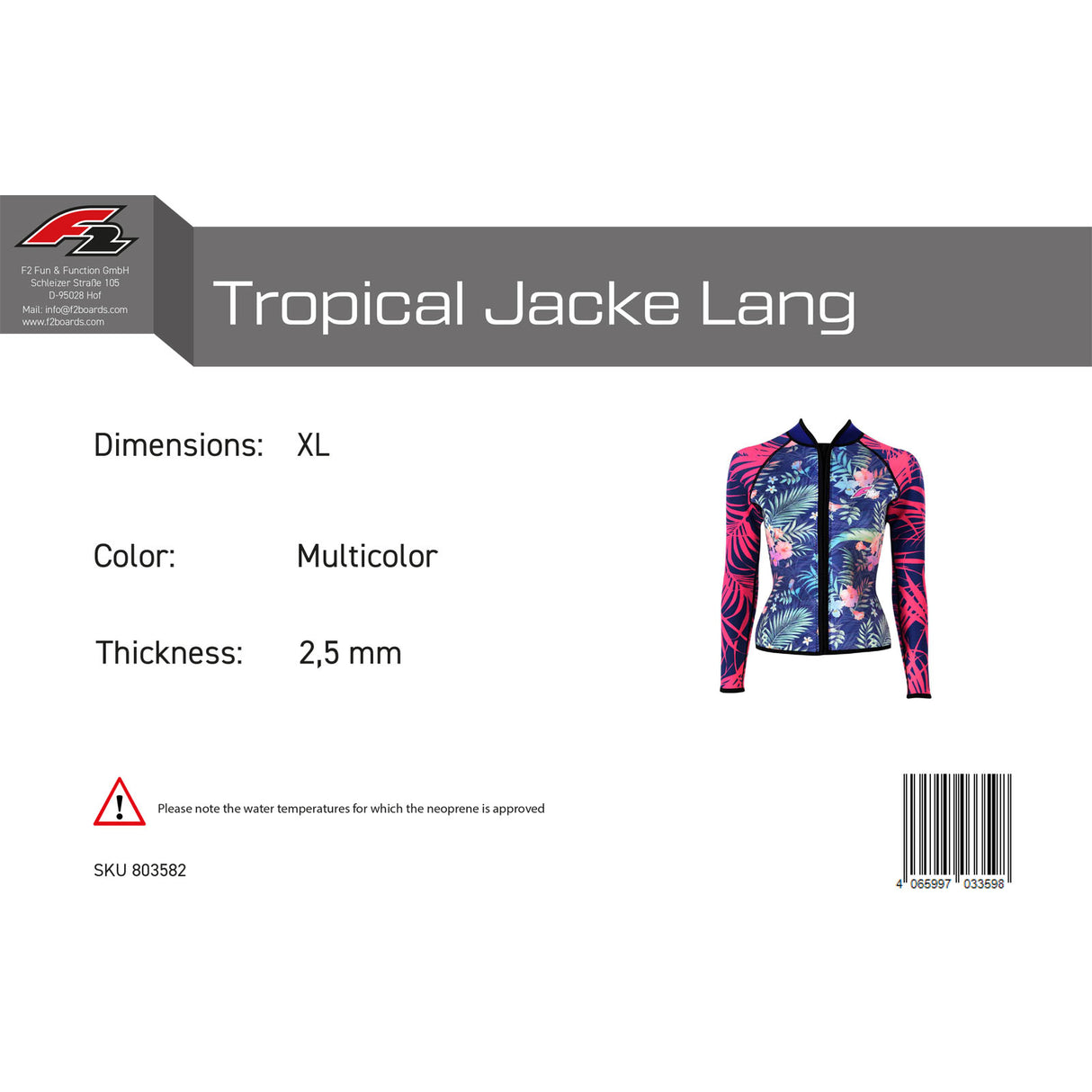 F2 Damen Neopren Oberteil Tropical Jacke Lang 2,5mm Größe wählbar Multicolor