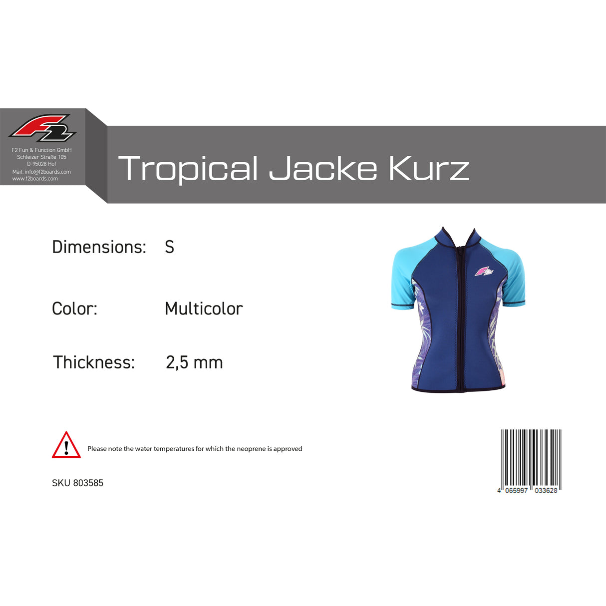 F2 Damen Neopren Oberteil Tropical Jacke Kurz 2,5mm Größe wählbar Multicolor