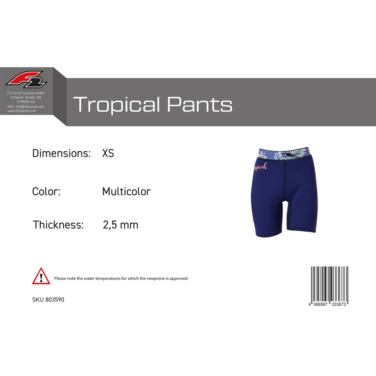 F2 Damen Neopren Hose Tropical Pants 2,5mm XXS-XL Größe wählbar Multicolor