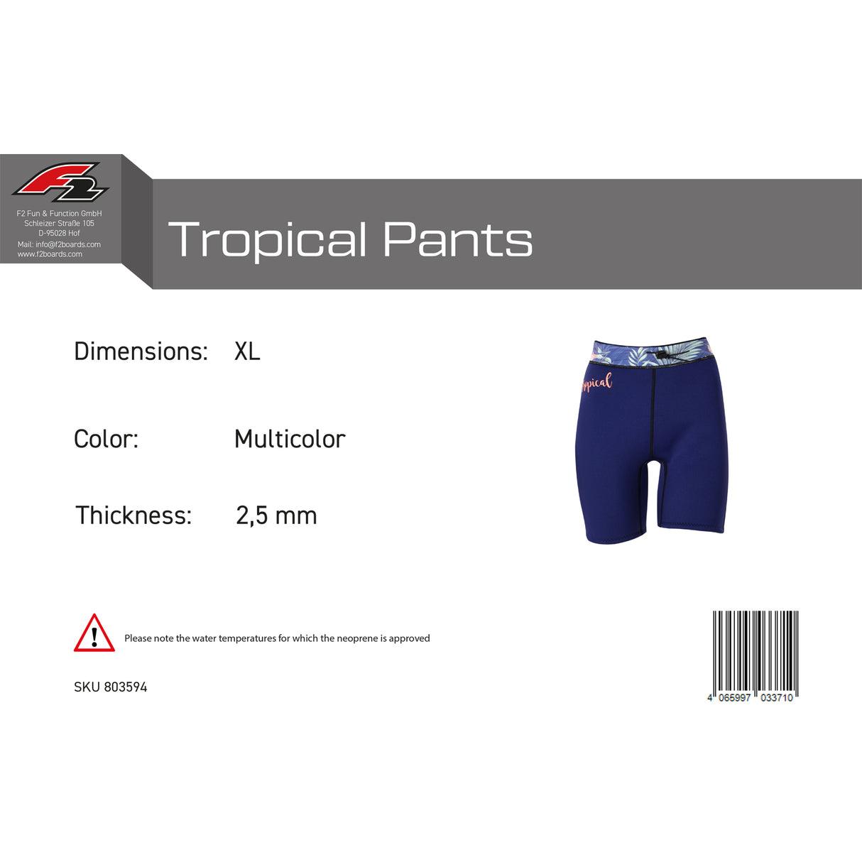 F2 Damen Neopren Hose Tropical Pants 2,5mm XXS-XL Größe wählbar Multicolor