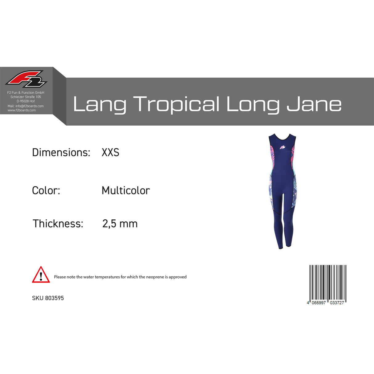 F2 Damen Neopren Anzug Lang Tropical Long Jane 2,5mm Größe wählbar Multicolor